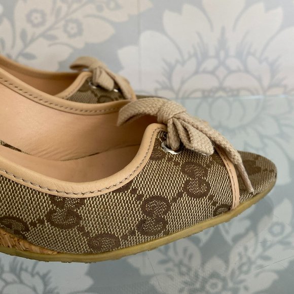 GUCCI Monogram Canvas/Leather Cork Heel Wedges - Picture 5 of 8